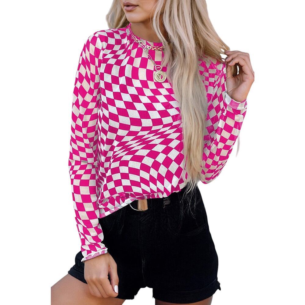 Red White Checkered Pattern Mesh Mock Neck Long Sleeve Top New S M
